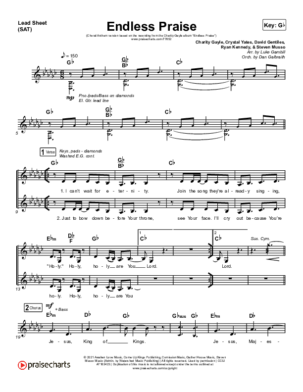 Endless Praise (Choral Anthem SATB) Lead Sheet (SAT) (Arr. Luke Gambill / Charity Gayle)