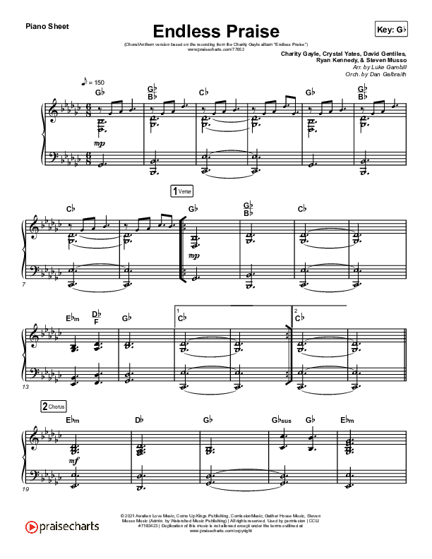Endless Praise (Choral Anthem SATB) Piano Sheet (Arr. Luke Gambill / Charity Gayle)