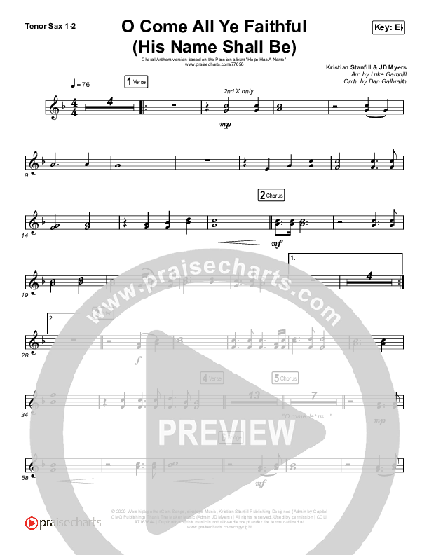 O Come All Ye Faithful (His Name Shall Be) (Choral Anthem SATB) Tenor Sax 1/2 (Passion / Arr. Luke Gambill)