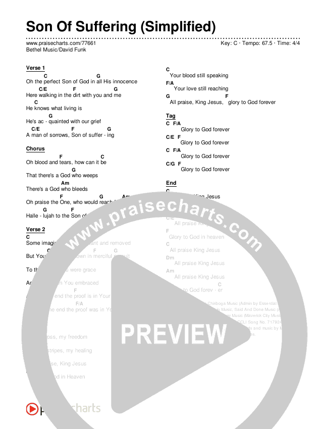 Son Of Suffering (Simplified) Chord Chart (Bethel Music / David Funk)