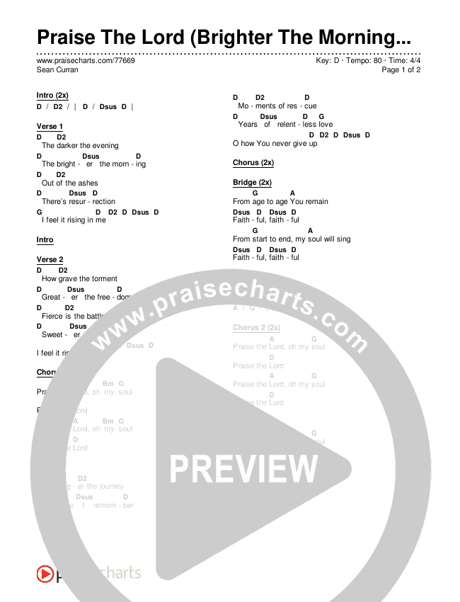 Praise The Lord (Brighter The Morning) Chords & Lyrics (Sean Curran)