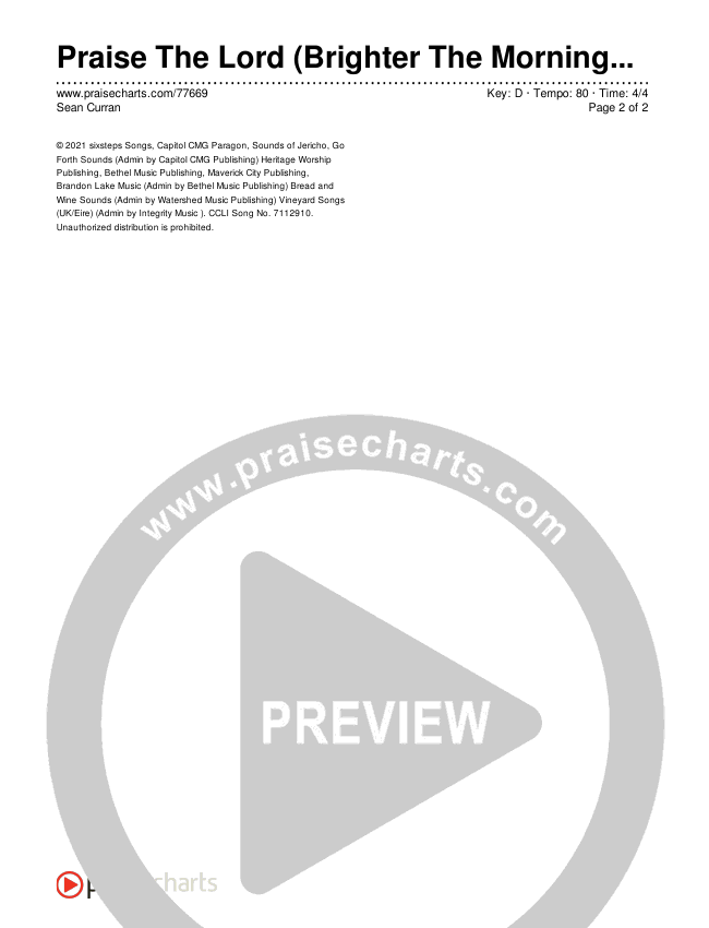 Praise The Lord (Brighter The Morning) Chords & Lyrics (Sean Curran)