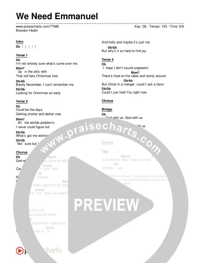 We Need Emmanuel Chords & Lyrics (Brandon Heath)