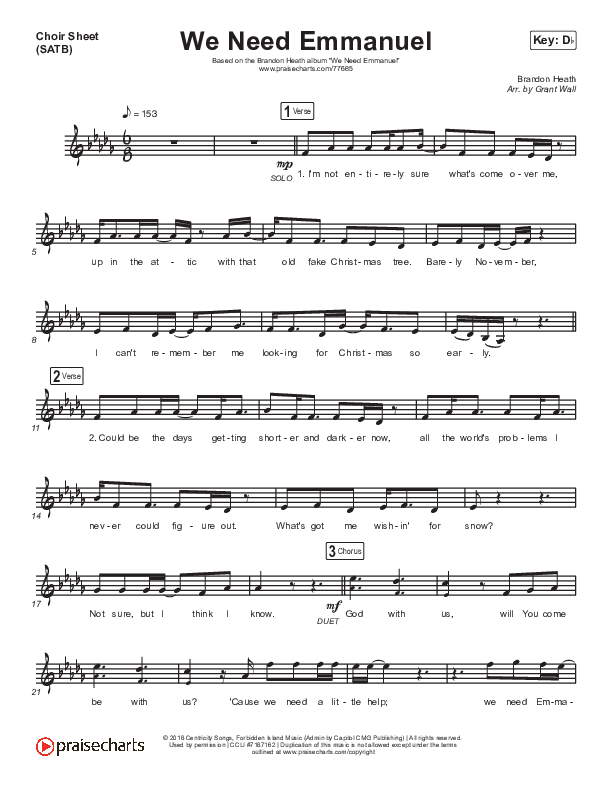 We Need Emmanuel Choir Sheet (SATB) (Brandon Heath)