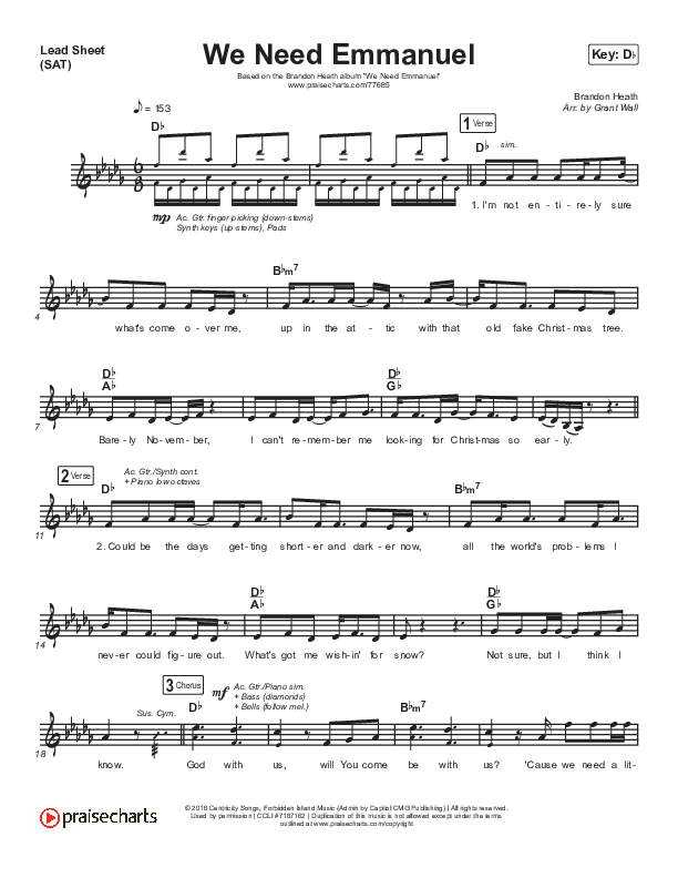 We Need Emmanuel Lead Sheet (SAT) (Brandon Heath)