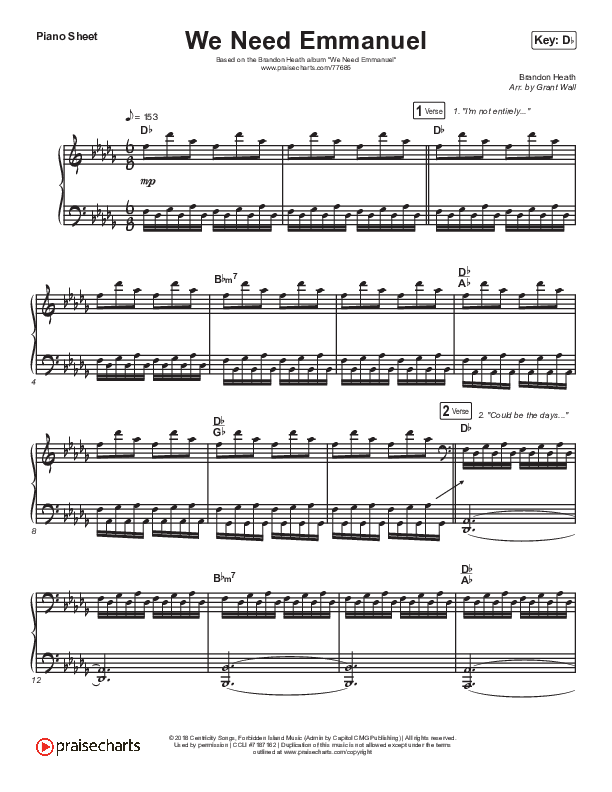 We Need Emmanuel Piano Sheet (Brandon Heath)