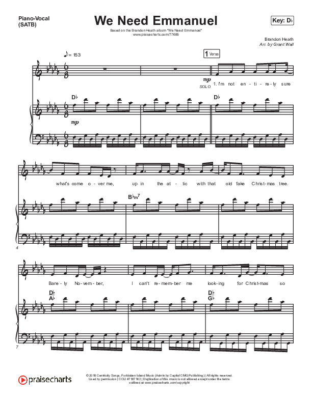 We Need Emmanuel Piano/Vocal (SATB) (Brandon Heath)