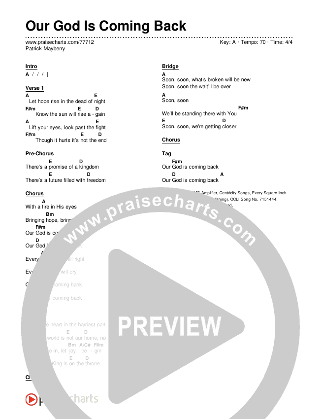 Our God Is Coming Back Chords & Lyrics (Patrick Mayberry)