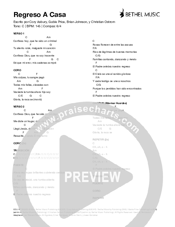 Regreso A Casa (Homecoming) Chord Chart (Bethel Music)