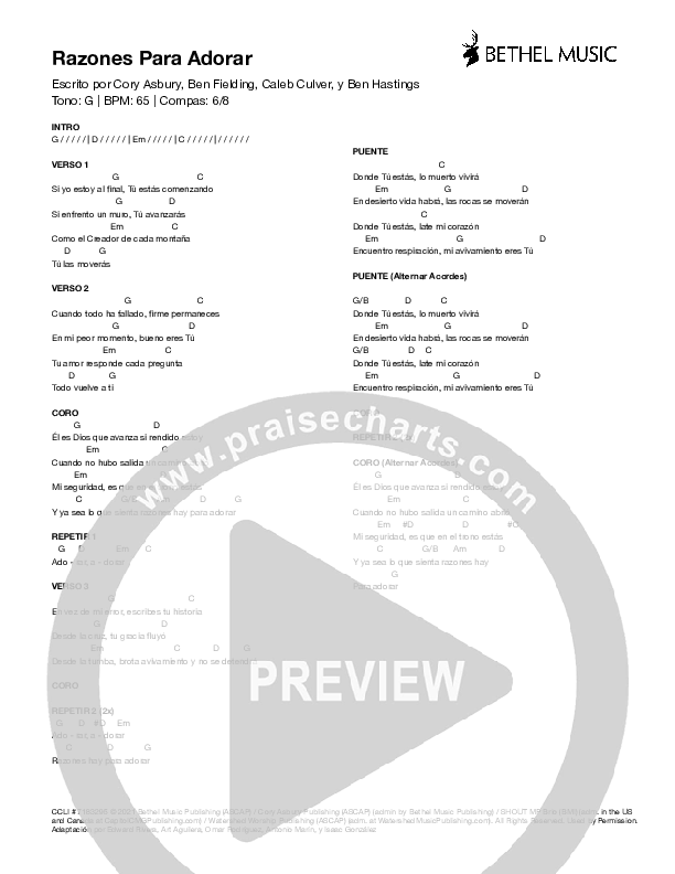 Razones Para Adorar (Reason To Praise) Chord Chart (Bethel Music)