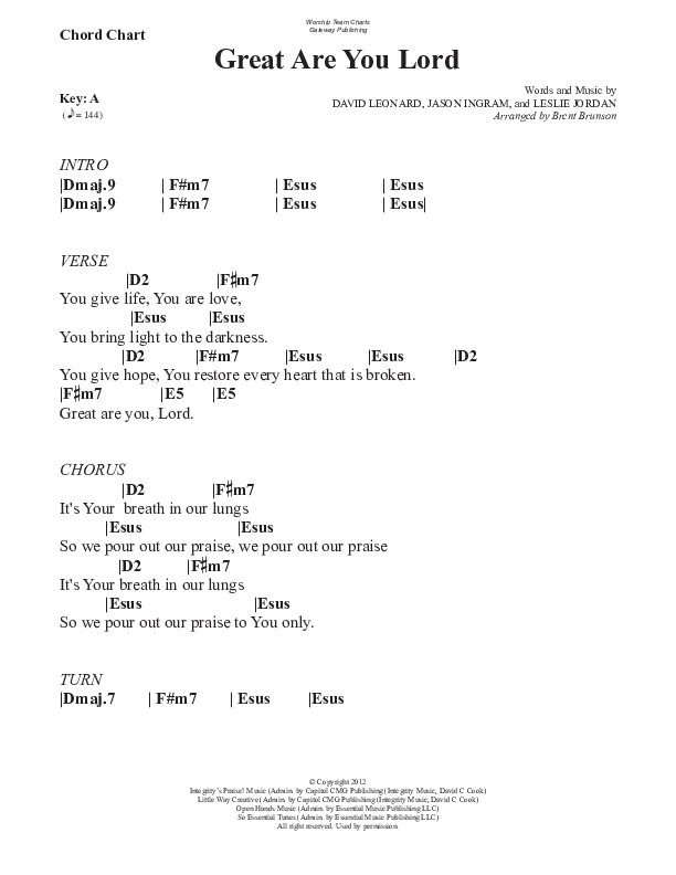 Great Are You Lord (Gospel) Chord Chart (WorshipTeam.tv)