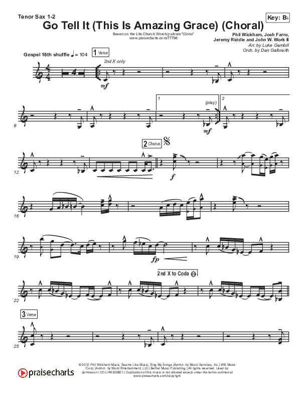 Go Tell It (This Is Amazing Grace) (Choral Anthem SATB) Tenor Sax 1/2 (Life.Church Worship / Arr. Luke Gambill)