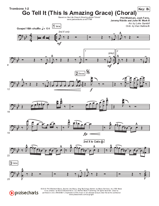 Go Tell It (This Is Amazing Grace) (Choral Anthem SATB) Trombone 1/2 (Life.Church Worship / Arr. Luke Gambill)
