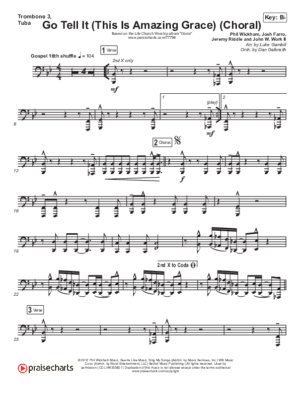 Go Tell It (This Is Amazing Grace) (Choral Anthem SATB) Trombone 3/Tuba (Life.Church Worship / Arr. Luke Gambill)