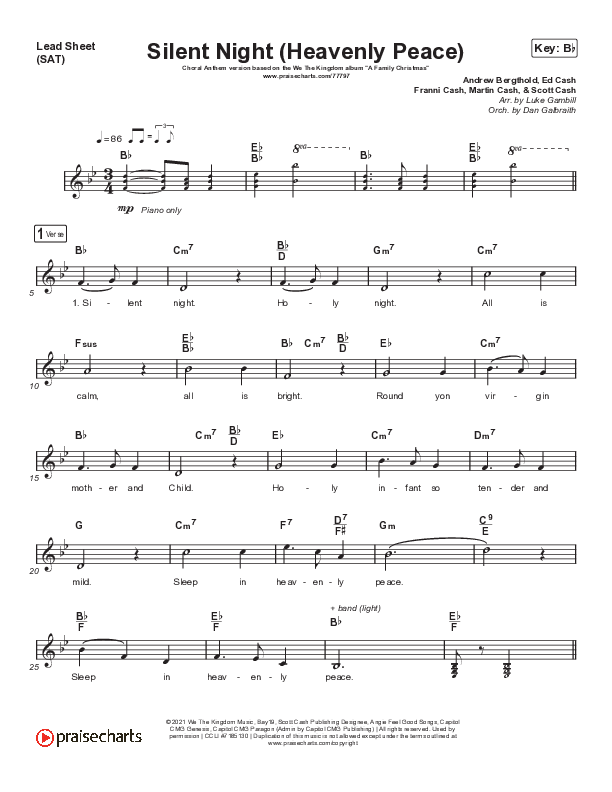 Silent Night (Heavenly Peace) (Choral Anthem SATB) Lead Sheet (SAT) (We The Kingdom / Arr. Luke Gambill)