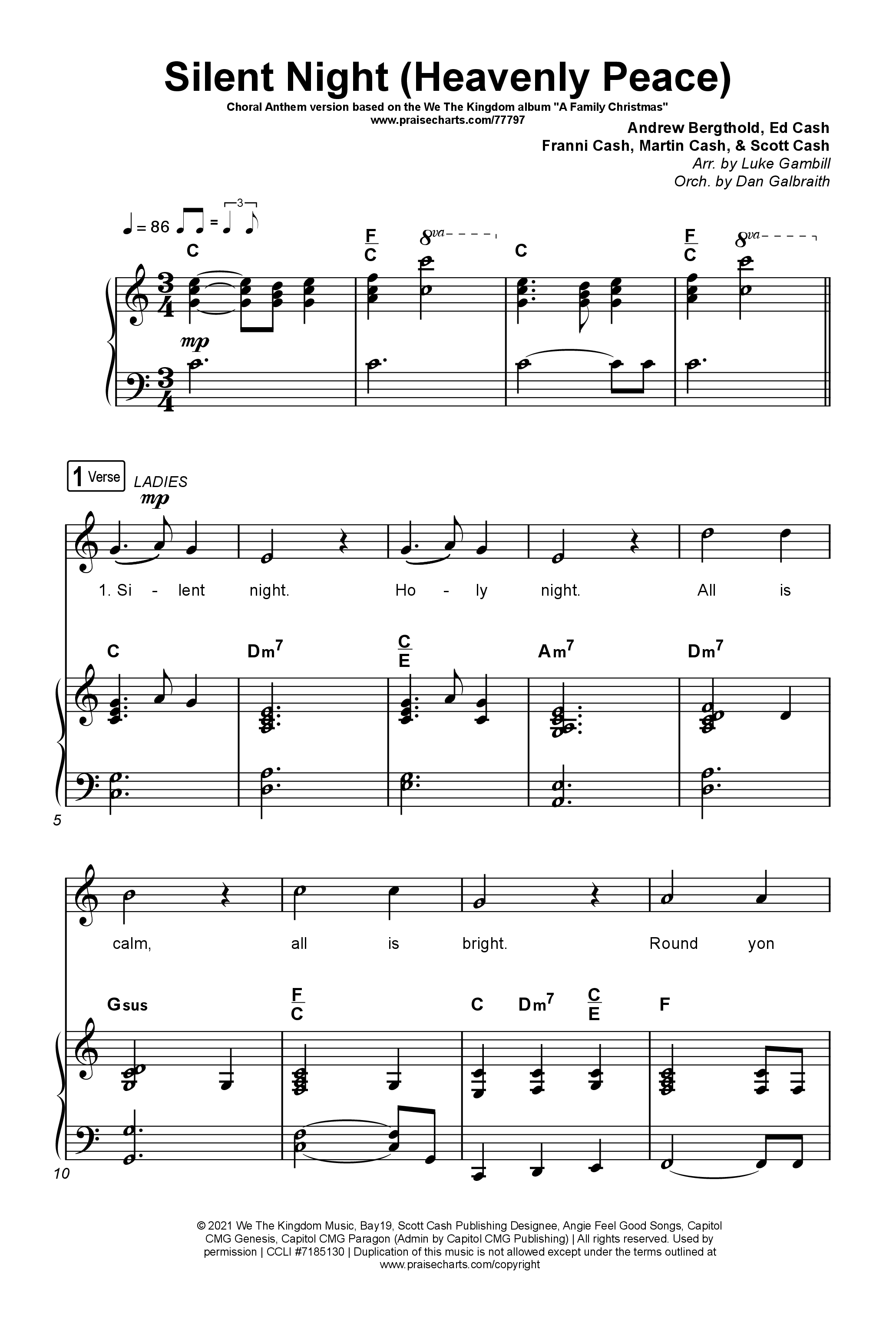 Silent Night (Heavenly Peace) (Choral Anthem SATB) Octavo (SATB & Pno) (We The Kingdom / Arr. Luke Gambill)