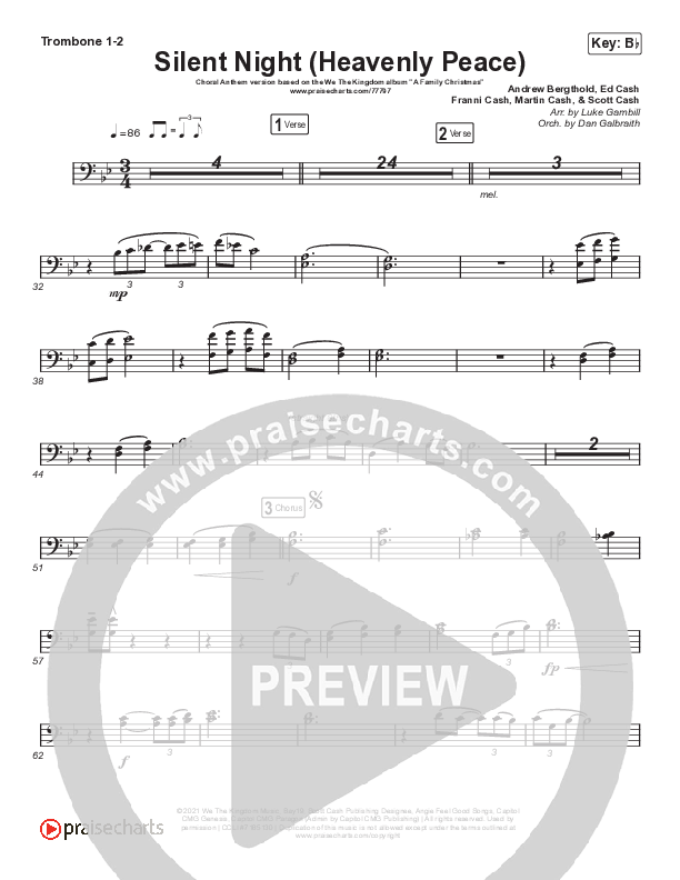 Silent Night (Heavenly Peace) (Choral Anthem SATB) Trombone 1/2 (We The Kingdom / Arr. Luke Gambill)