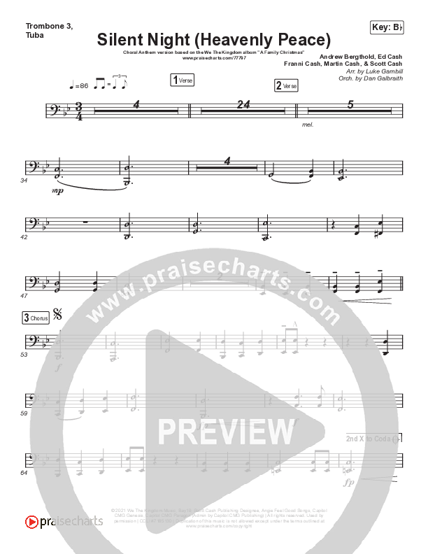 Silent Night (Heavenly Peace) (Choral Anthem SATB) Trombone 3/Tuba (We The Kingdom / Arr. Luke Gambill)