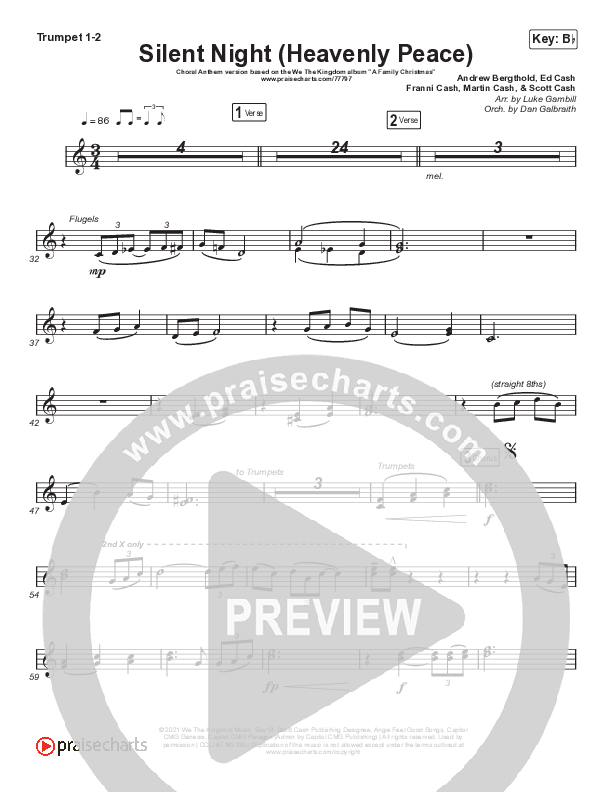 Silent Night (Heavenly Peace) (Choral Anthem SATB) Trumpet 1,2 (We The Kingdom / Arr. Luke Gambill)