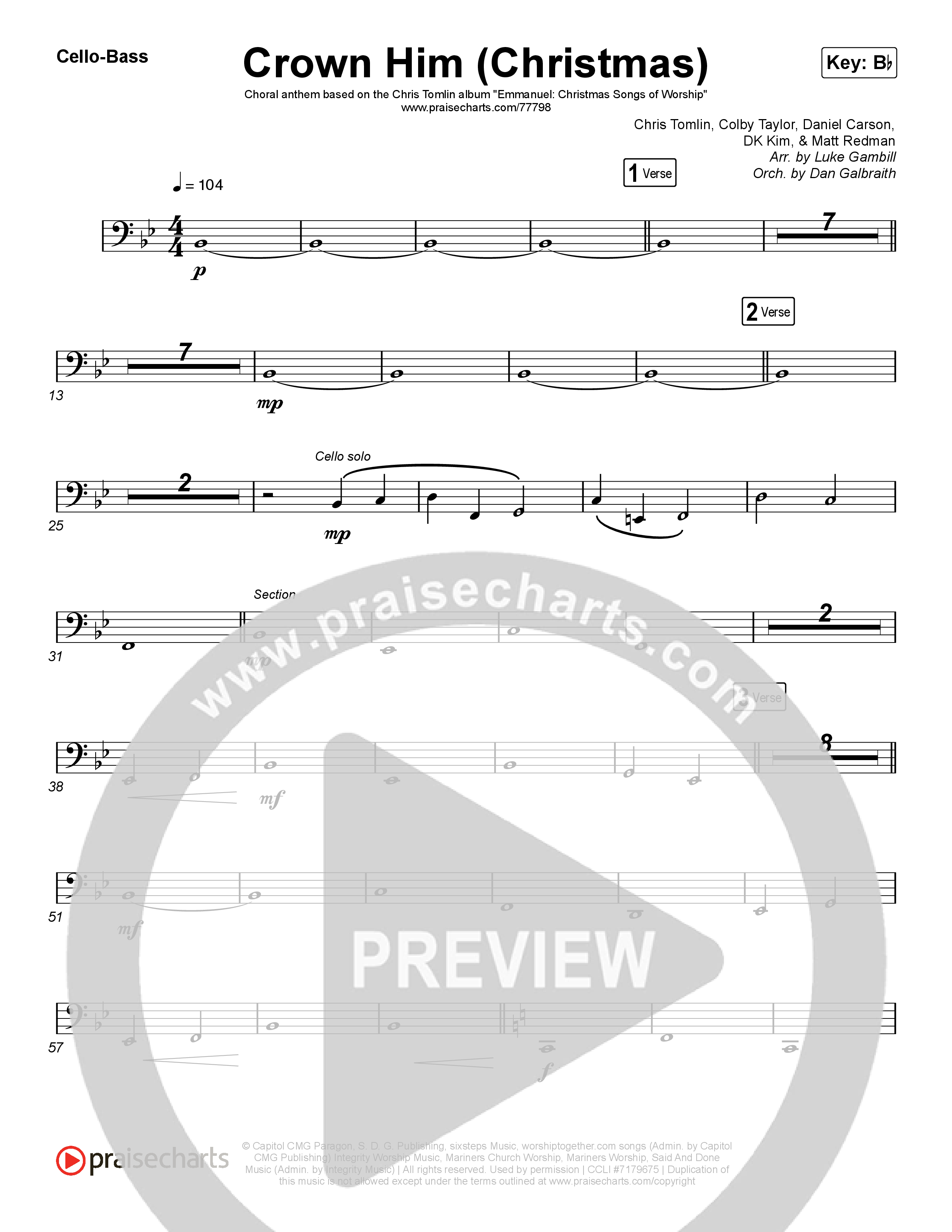 Crown Him (Christmas) (Choral Anthem SATB) Cello/Bass (Chris Tomlin / Arr. Luke Gambill)