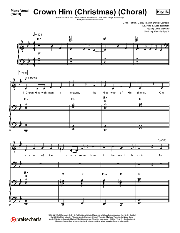 Crown Him (Christmas) (Choral Anthem SATB) Piano/Vocal Pack (Chris Tomlin / Arr. Luke Gambill)