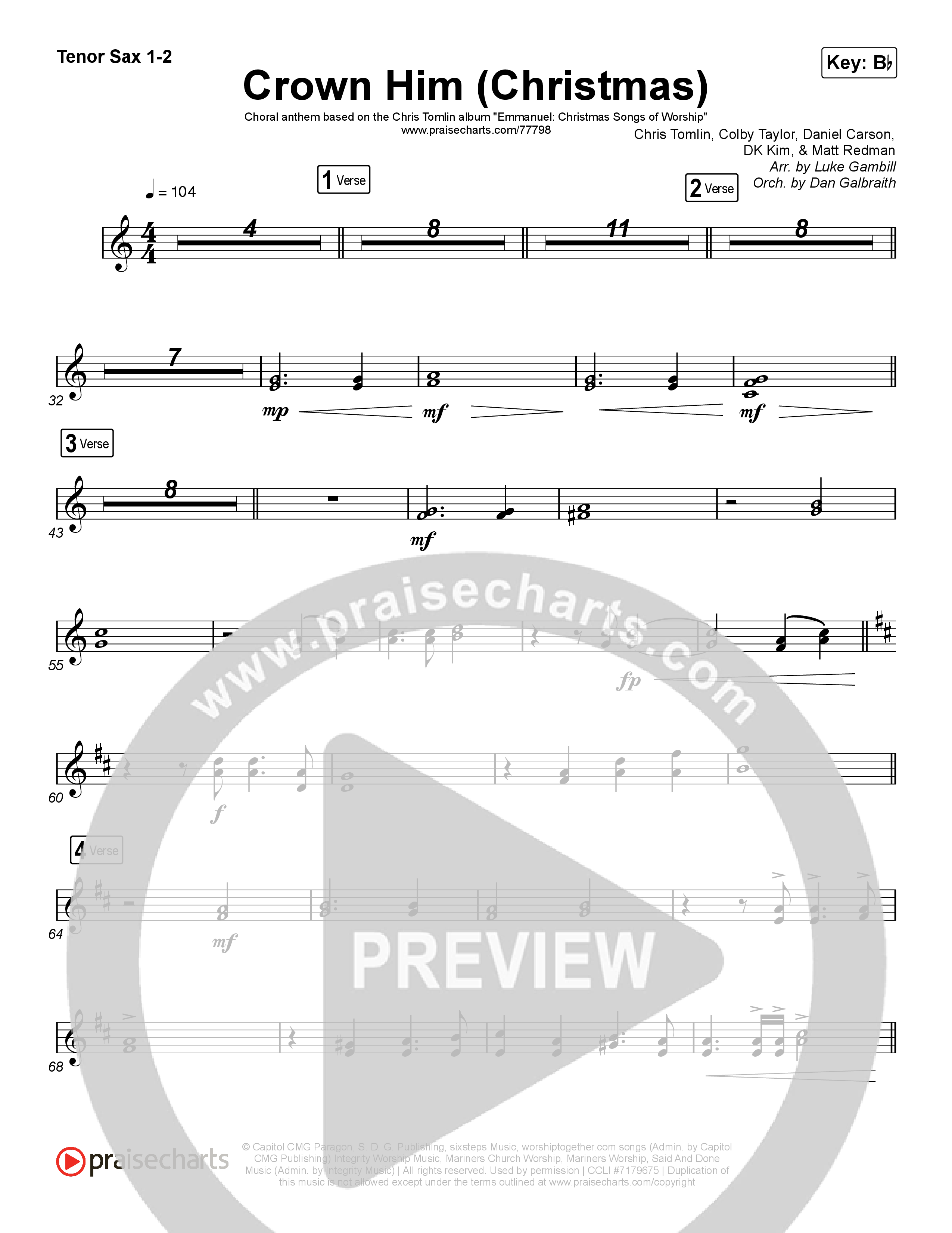 Crown Him (Christmas) (Choral Anthem SATB) Tenor Sax 1/2 (Chris Tomlin / Arr. Luke Gambill)