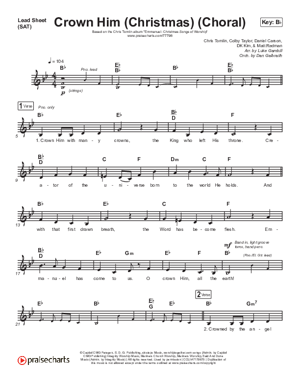 Crown Him (Christmas) (Choral Anthem SATB) Lead Sheet (SAT) (Chris Tomlin / Arr. Luke Gambill)