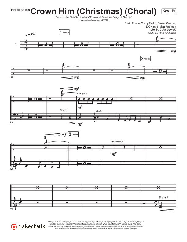 Crown Him (Christmas) (Choral Anthem SATB) Percussion (Chris Tomlin / Arr. Luke Gambill)