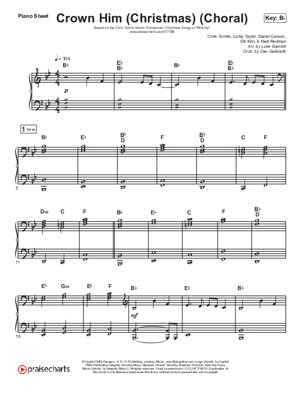 Crown Him (Christmas) (Choral Anthem SATB) Piano Sheet (Chris Tomlin / Arr. Luke Gambill)