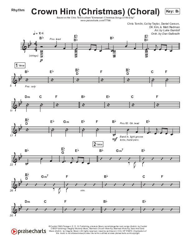 Crown Him (Christmas) (Choral Anthem SATB) Rhythm Chart (Chris Tomlin / Arr. Luke Gambill)