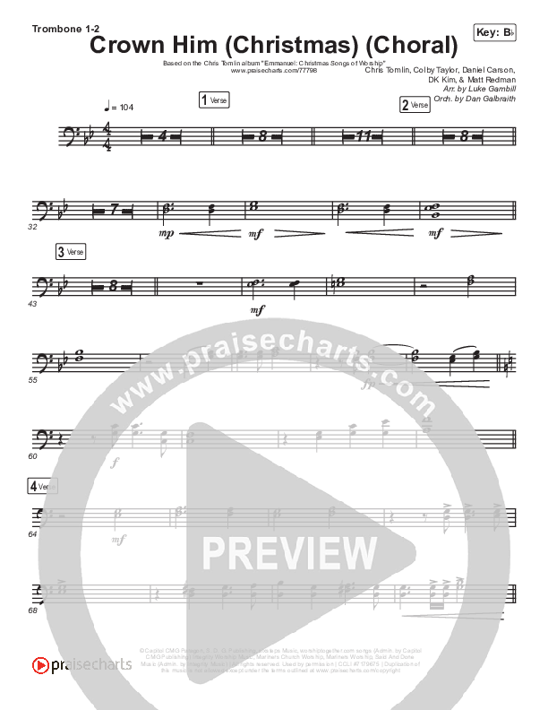 Crown Him (Christmas) (Choral Anthem SATB) Trombone 1/2 (Chris Tomlin / Arr. Luke Gambill)