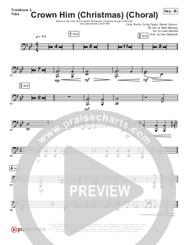 Crown Him (Christmas) (Choral Anthem SATB) Trombone 3/Tuba (Chris Tomlin / Arr. Luke Gambill)