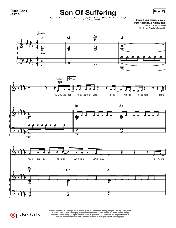 Son Of Suffering (Choral Anthem SATB) Piano/Choir (SATB) (Bethel Music / David Funk / Matt Redman / Arr. Luke Gambill)