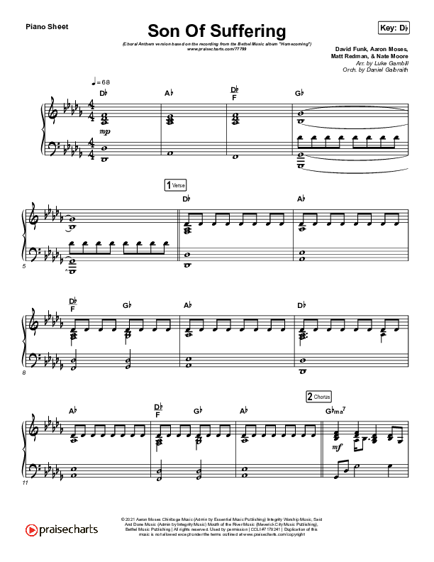 Son Of Suffering (Choral Anthem SATB) Piano Sheet (Bethel Music / David Funk / Matt Redman / Arr. Luke Gambill)