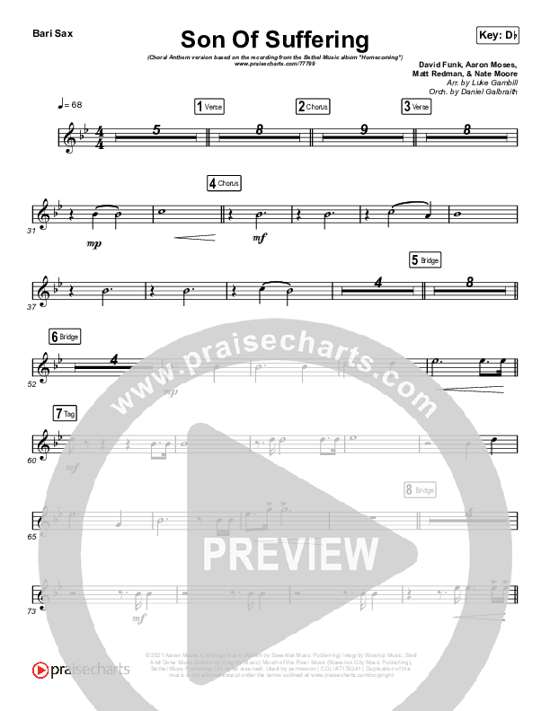 Son Of Suffering (Choral Anthem SATB) Bari Sax (Bethel Music / David Funk / Matt Redman / Arr. Luke Gambill)