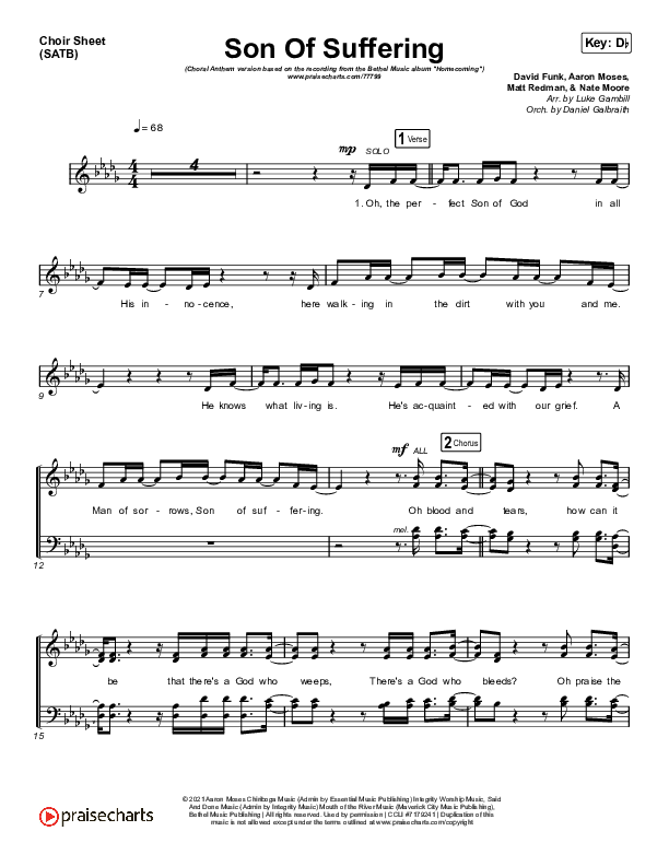 Son Of Suffering (Choral Anthem SATB) Choir Sheet (SATB) (Bethel Music / David Funk / Matt Redman / Arr. Luke Gambill)