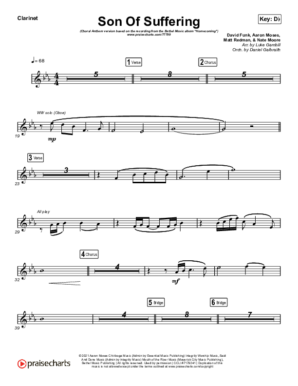 Son Of Suffering (Choral Anthem SATB) Clarinet (Bethel Music / David Funk / Matt Redman / Arr. Luke Gambill)