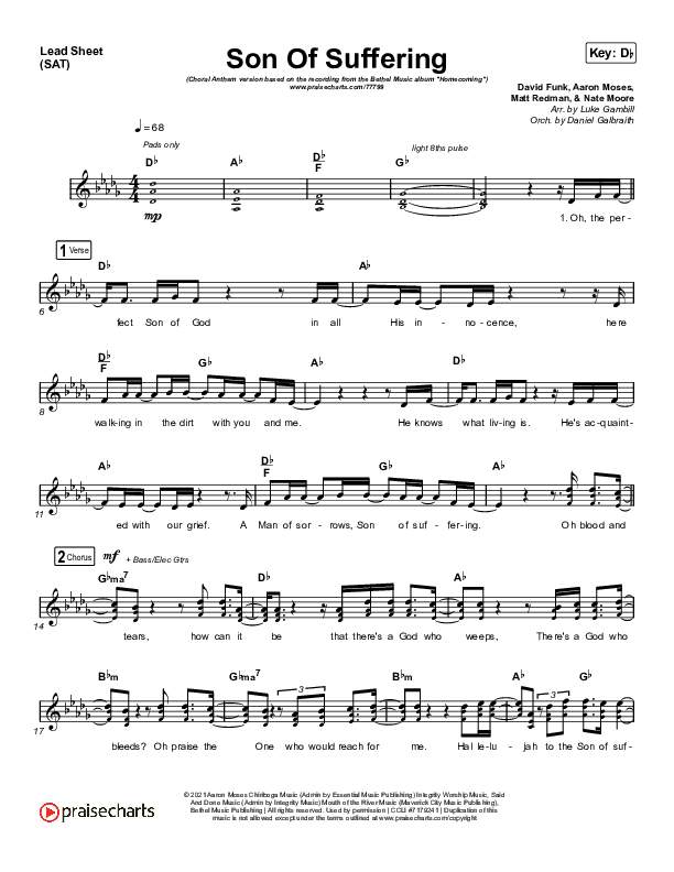 Son Of Suffering (Choral Anthem SATB) Lead Sheet (SAT) (Bethel Music / David Funk / Matt Redman / Arr. Luke Gambill)