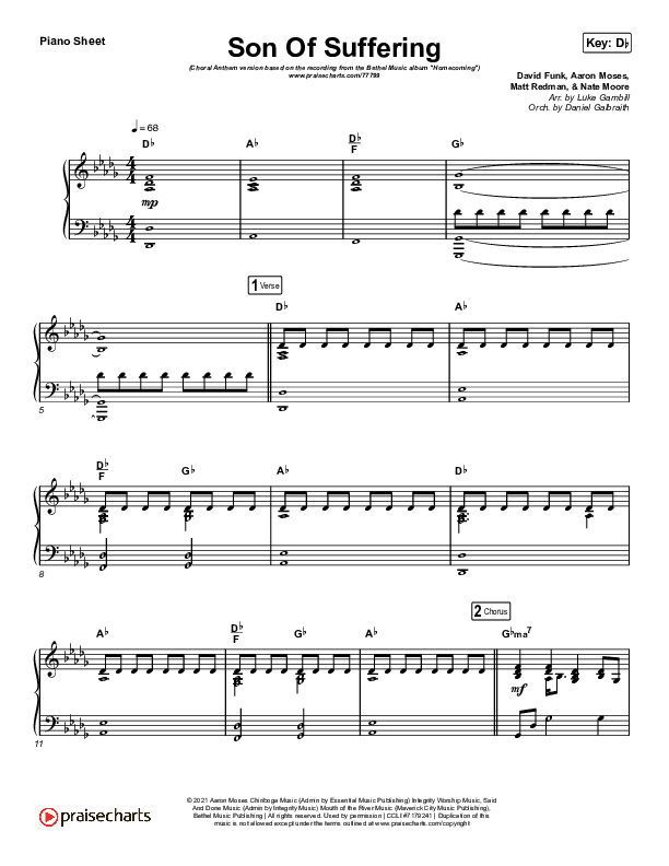 Son Of Suffering (Choral Anthem SATB) Piano Sheet (Bethel Music / David Funk / Matt Redman / Arr. Luke Gambill)