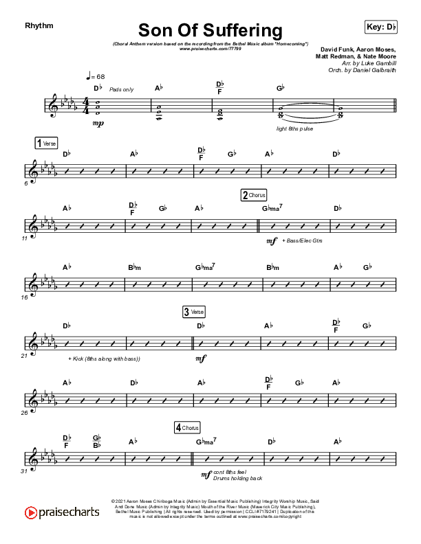 Son Of Suffering (Choral Anthem SATB) Rhythm Chart (Bethel Music / David Funk / Matt Redman / Arr. Luke Gambill)