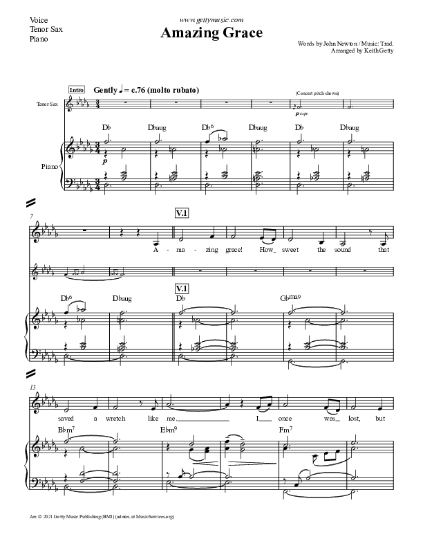 Amazing Grace Piano/Vocal (Keith & Kristyn Getty / Dana Masters / Kirk Whalum)