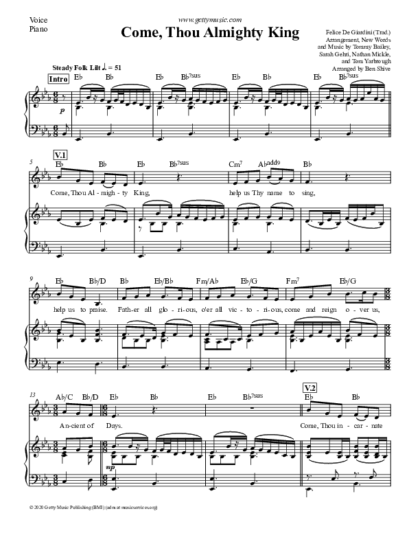 Come Thou Almighty King Piano/Vocal (Keith & Kristyn Getty / The Getty Girls)