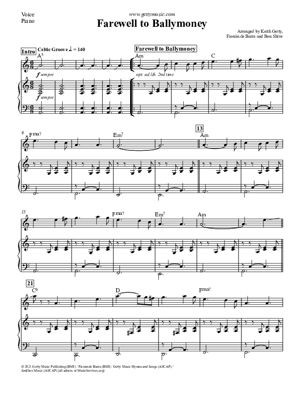 Farewell To Ballymoney (Instrumental) Piano Sheet (Keith & Kristyn Getty)