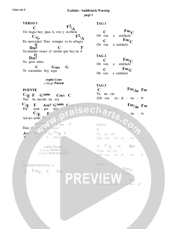 Exaltalo (Behold) Chord Chart (Saddleback Worship)