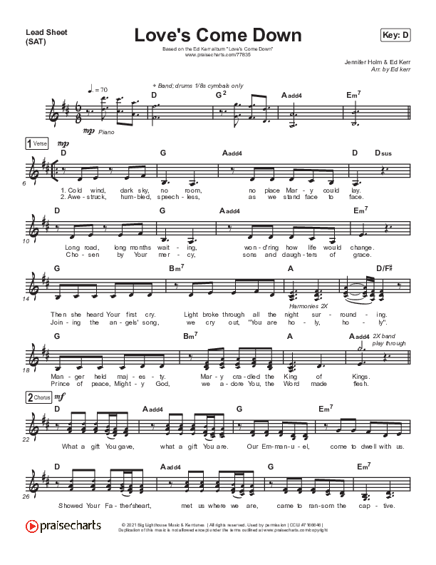 Love's Come Down Lead Sheet (Ed Kerr / Jennifer Holm)