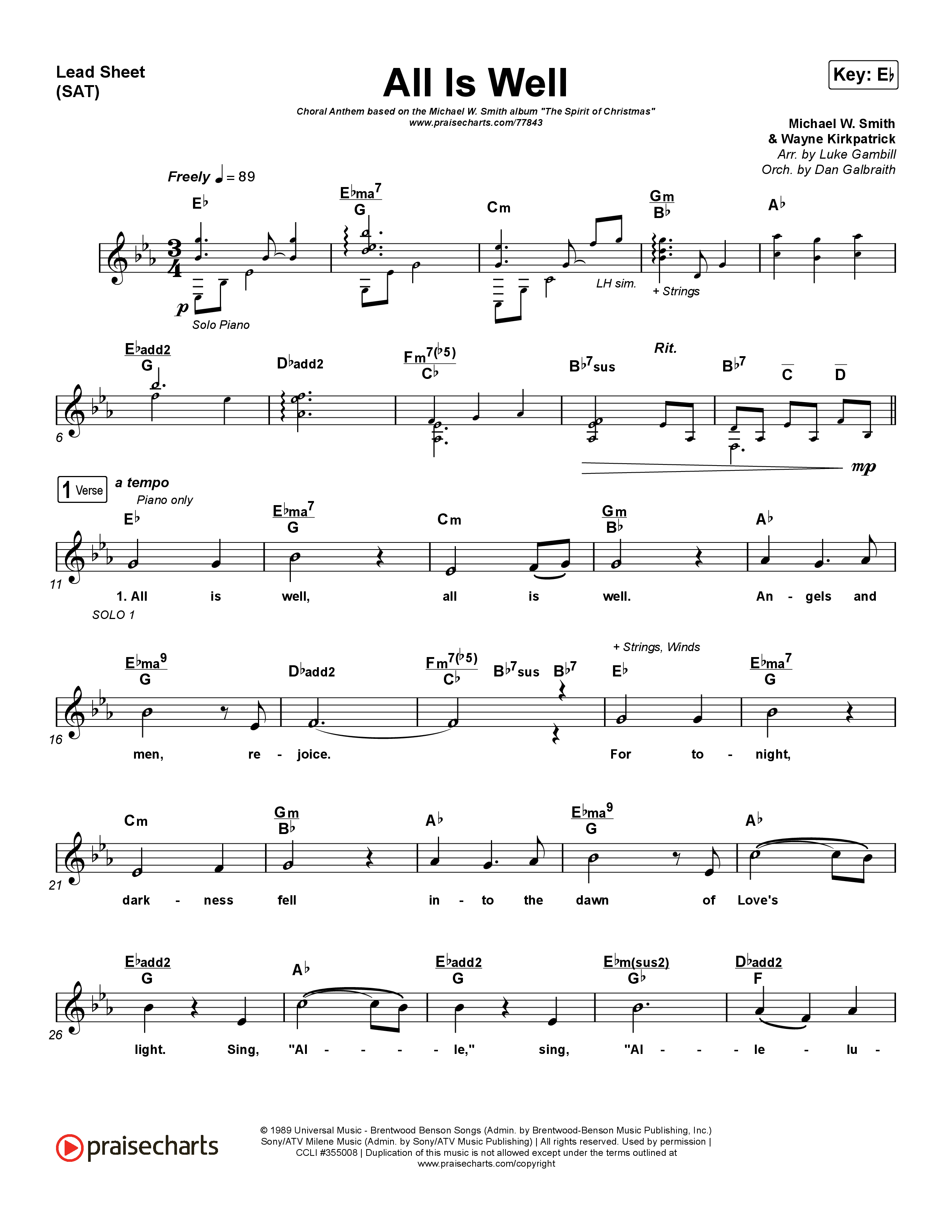 All Is Well (Choral Anthem SATB) Lead Sheet (SAT) (Michael W. Smith / Carrie Underwood / Arr. Luke Gambill)