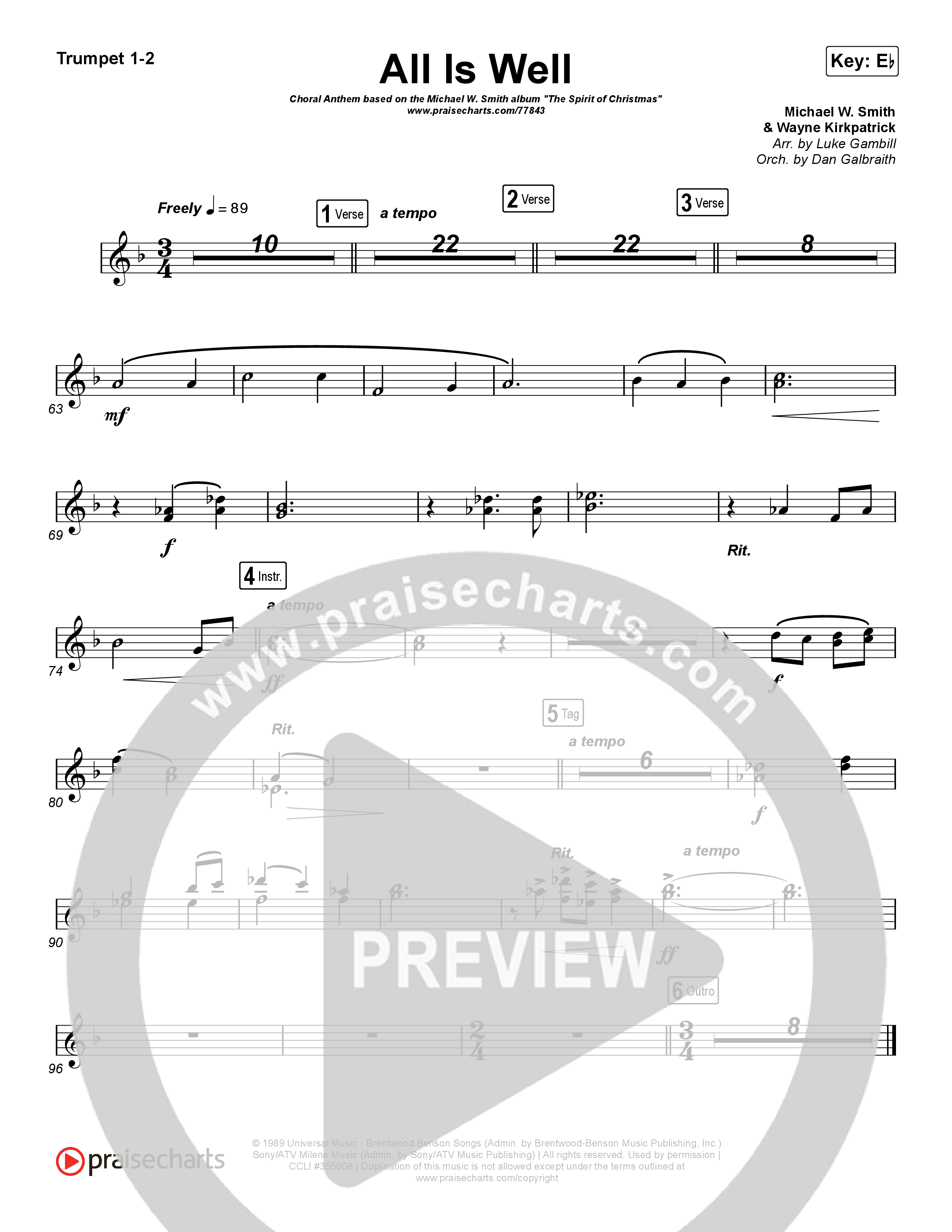 All Is Well (Choral Anthem SATB) Trumpet 1,2 (Michael W. Smith / Carrie Underwood / Arr. Luke Gambill)