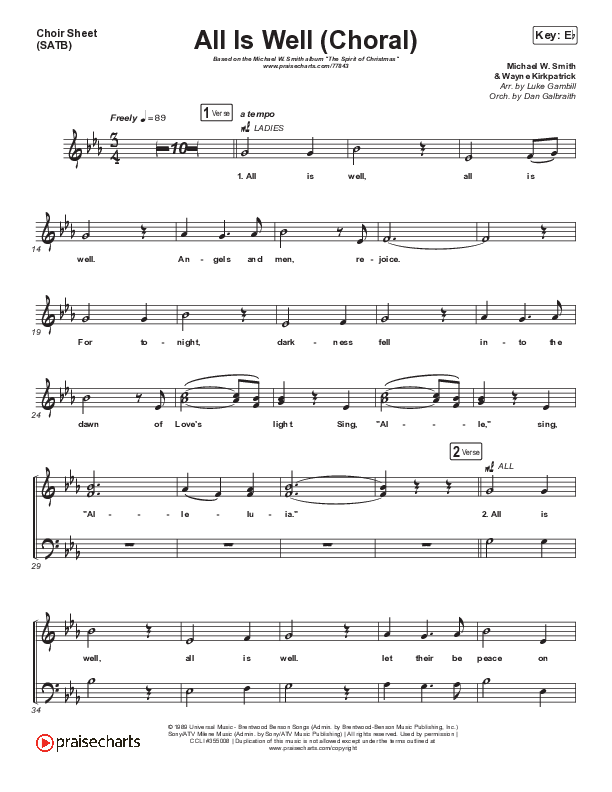 All Is Well (Choral Anthem SATB) Choir Vocals (SATB) (Michael W. Smith / Carrie Underwood / Arr. Luke Gambill)