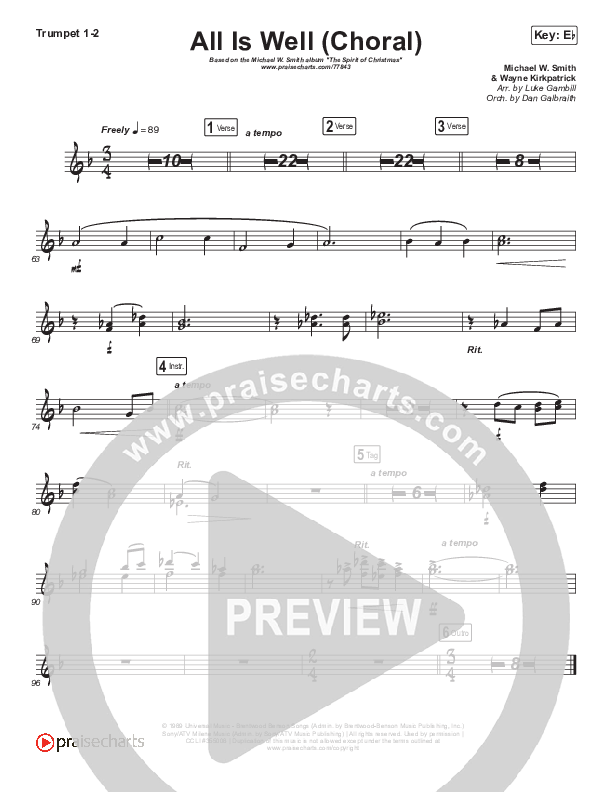 All Is Well (Choral Anthem SATB) Trumpet 1,2 (Michael W. Smith / Carrie Underwood / Arr. Luke Gambill)