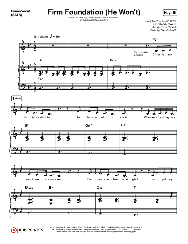 Firm Foundation (He Won't) Piano/Vocal (SATB) (Cody Carnes)